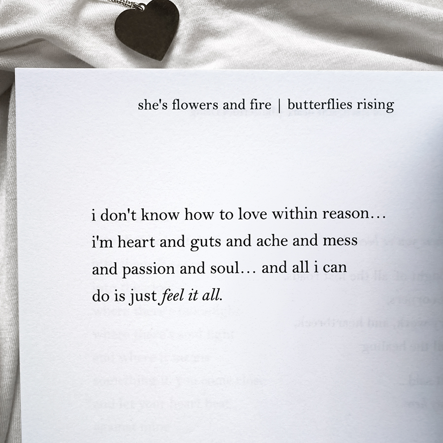 i don't know how to love within reason... i'm heart and guts and ache and mess and passion and soul... and all i can do is just feel it all.