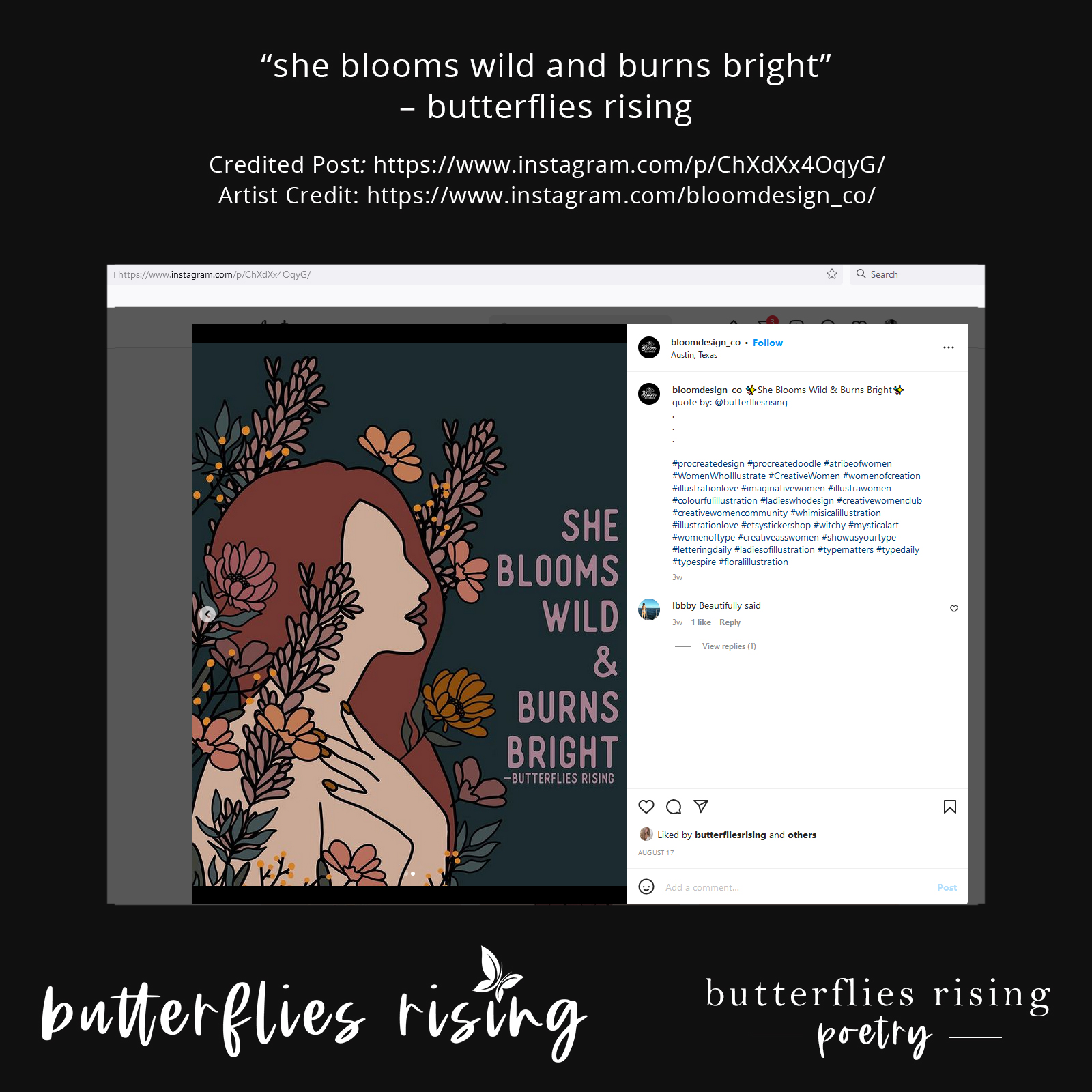 she blooms wild and burns bright - butterflies rising