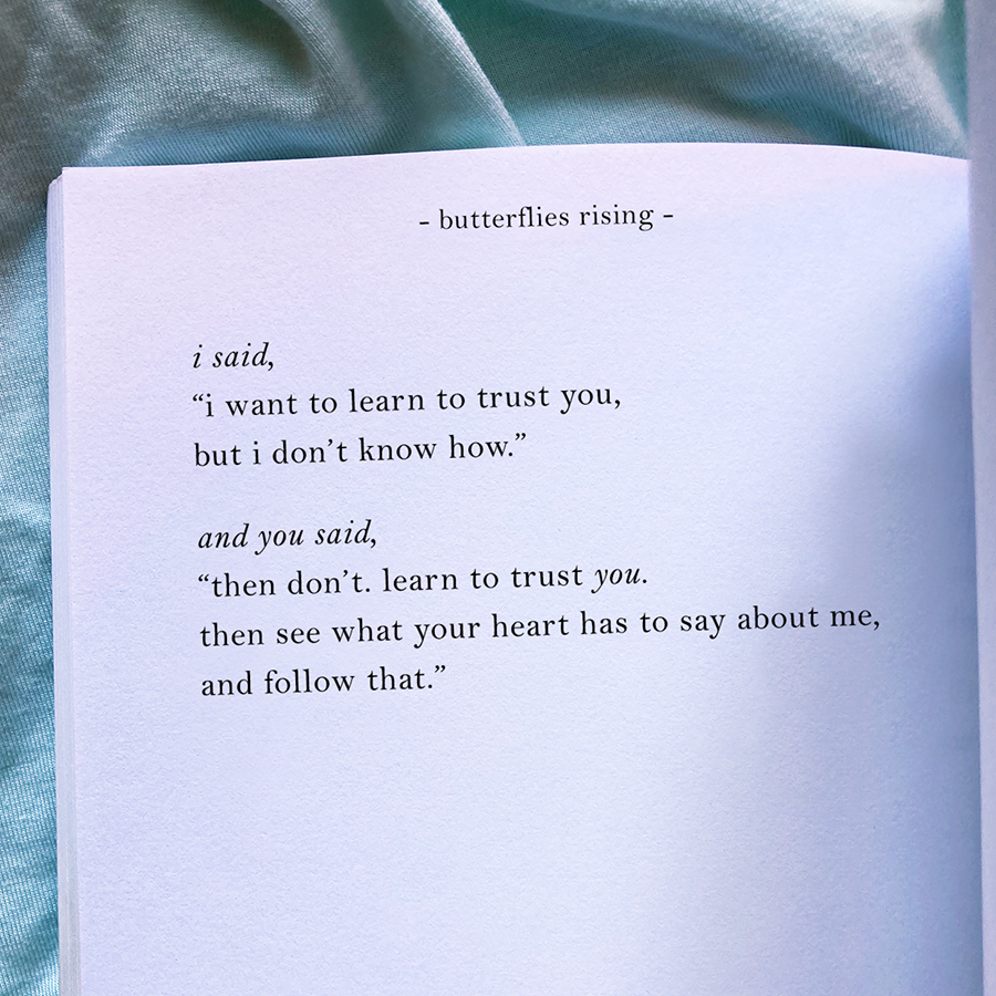 learn to trust you. then see what your heart has to say about me, and follow that. - butterflies rising