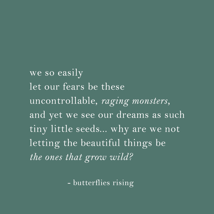 we so easily let our fears be these uncontrollable, raging monsters - butterflies rising