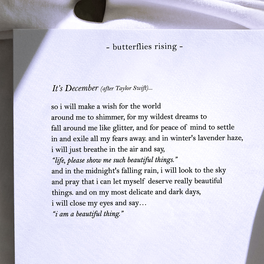 It's December (after Taylor Swift)… i will make a wish for the world around me to shimmer, for my wildest dreams to fall around me