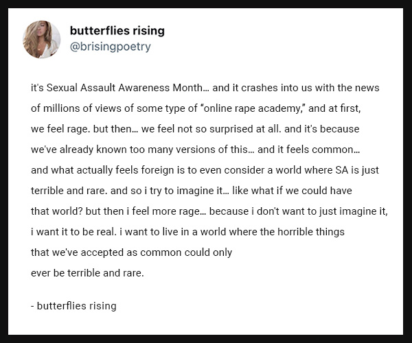 it's Sexual Assault Awareness Month... and it crashes into us with the news of millions of views of some type of online rape academy